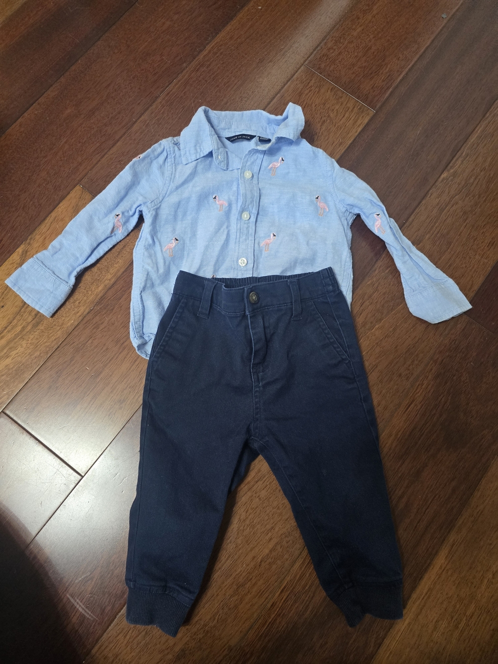Janie and Jack Light Blue Button-Down Shirt with Pink Flamingo Embroidery